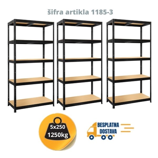 Komplet od 3 police metal-medijapan 180x120x45cm, 5x250kg - Dimenzije kompleta 180x360x45cm