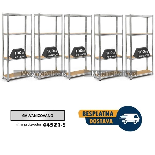 Komplet od 5 polica metal-medijapan 172x75x30cm, 4x100kg - Dimenzije kompleta 172x375x30cm