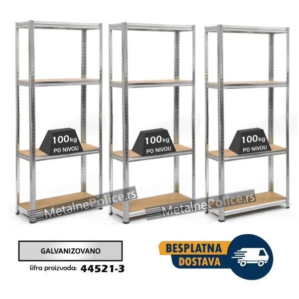 Komplet od 3 police metal-medijapan 172x75x30cm 4x100kg - Dimenzije komleta 172x225x30cm