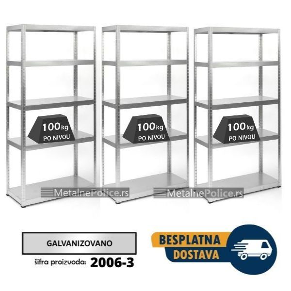 Komplet od 3 police metal-metal 180x90x40cm, 5x100kg galva Dimenzije kompleta 180x270x40cm