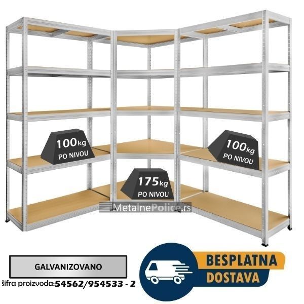 Ugaona polica 180x90x90x40cm, 5x175kg + 2 police 180x90x40cm, 5x100kg galva