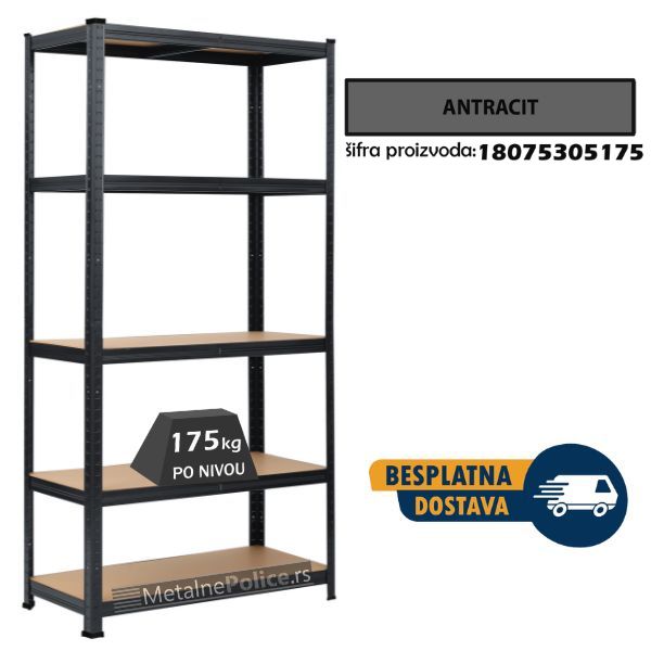 Polica metal-medijapan 180x75x30cm, 5x175kg antracit
